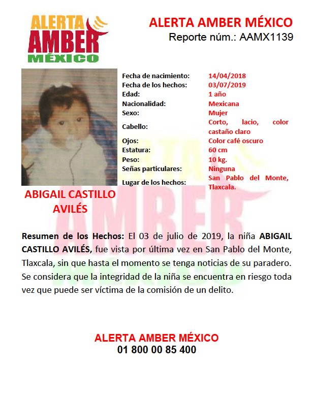 Abigail Castillo Avilés, de sólo un año fue vista por última vez en Tlaxcala. (@AAMBER_mx)