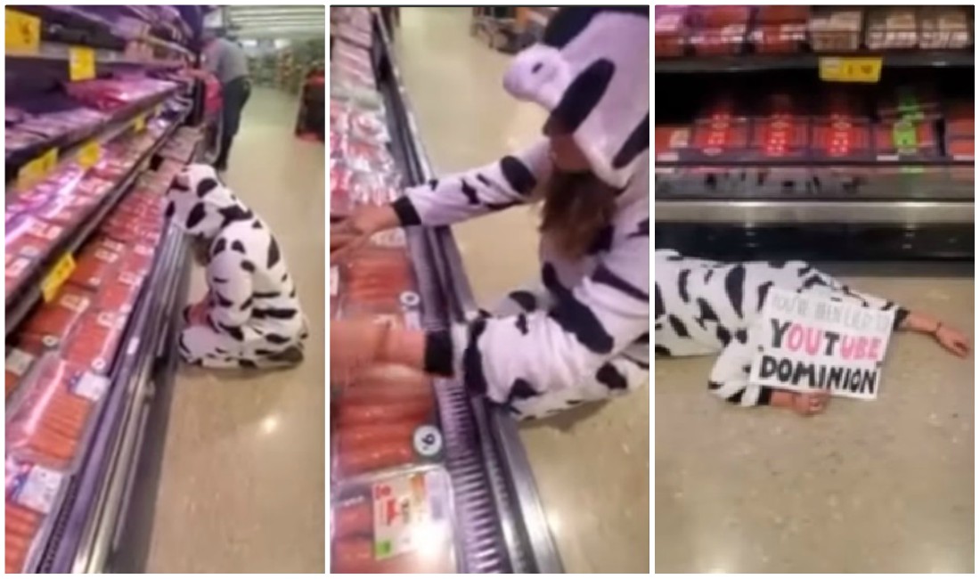 Vegana se disfrazad e vaca y llora en el mercado (Especial).