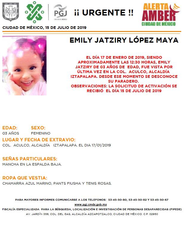 Activan Alerta Amber por la desaparición de Emily Jatziry López Maya en Iztapalapa. (@PGJDF_CDMX)