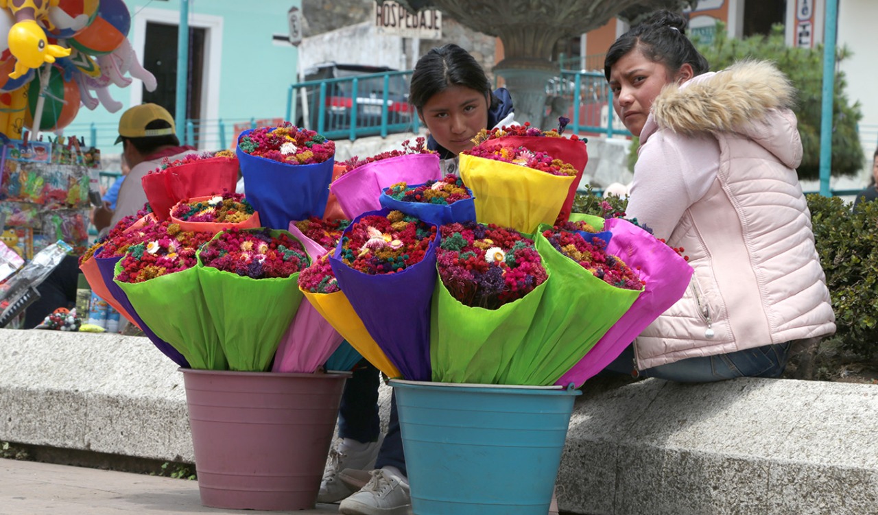 Jóvenes venden flores en plaza Independencia. (Maribel Calderón)