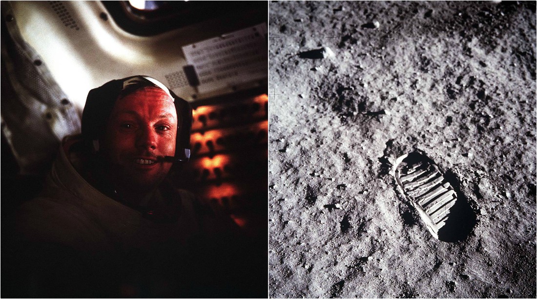 Neil Armstrong dentro del Modulo Lunar y la huella de Buzz Aldrin sobre el suelo de nuestro satélite natural (NASA).