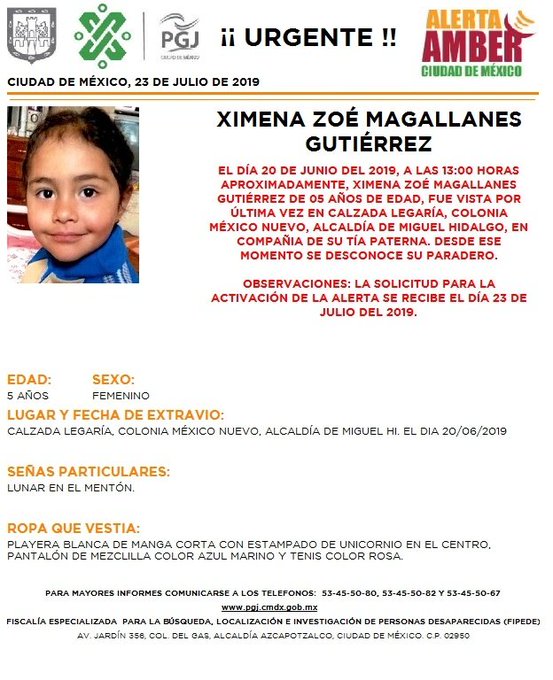 La menor fue vista por última vez en la alcaldía Miguel Hidalgo en compañía de su tía. (@PGJDF_CDMX)