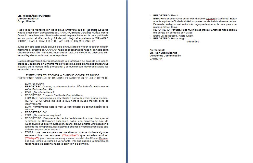 El documento enviado solicita "aclarar y rectificar los dichos e interpretaciones". Especial.