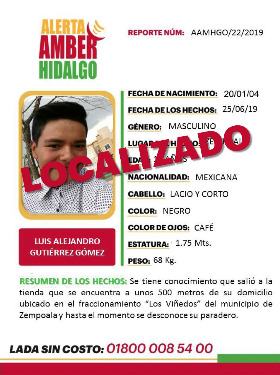Luis Alejandro Gutiérrez Gómez, de 15 años de edad, localizado en la CdMx. (Cortesía)