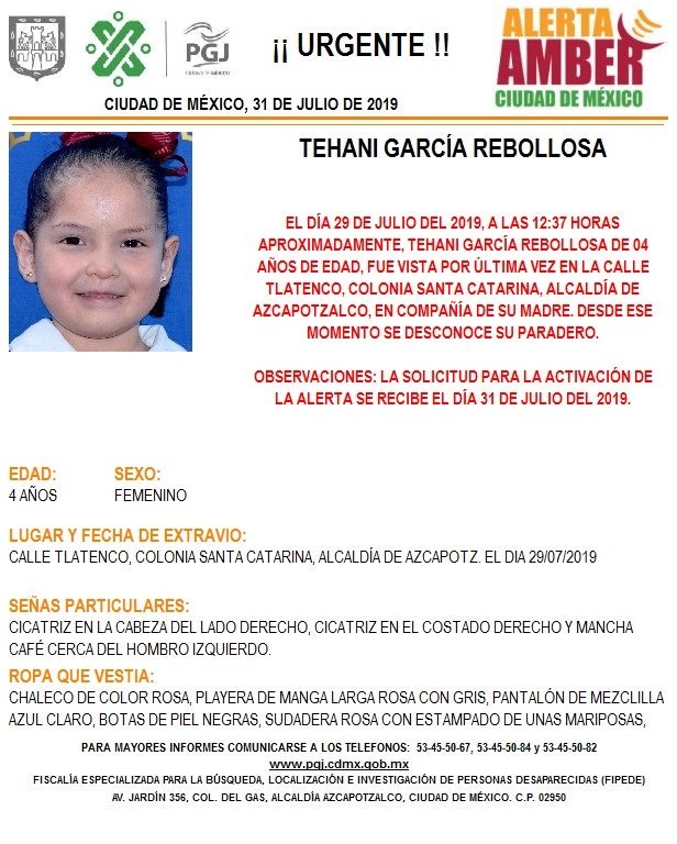 Tehani García Rebollosa desapareció el 29 de julio en la colonia Santa Catarina. (@PGJDF_CDMX)