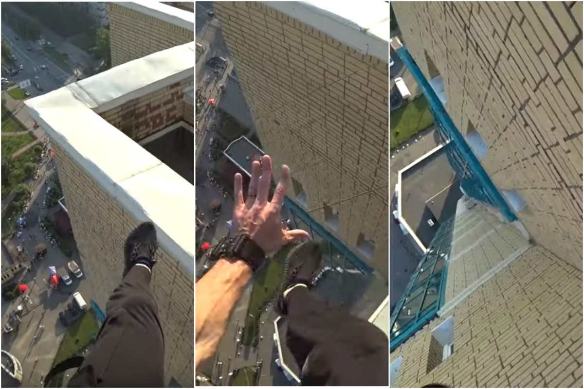 Sergei Shorokhov se salvo de caer de un edificio al sujetarse de unos cables sueltos. (YouTube: Сергей Шорохов)