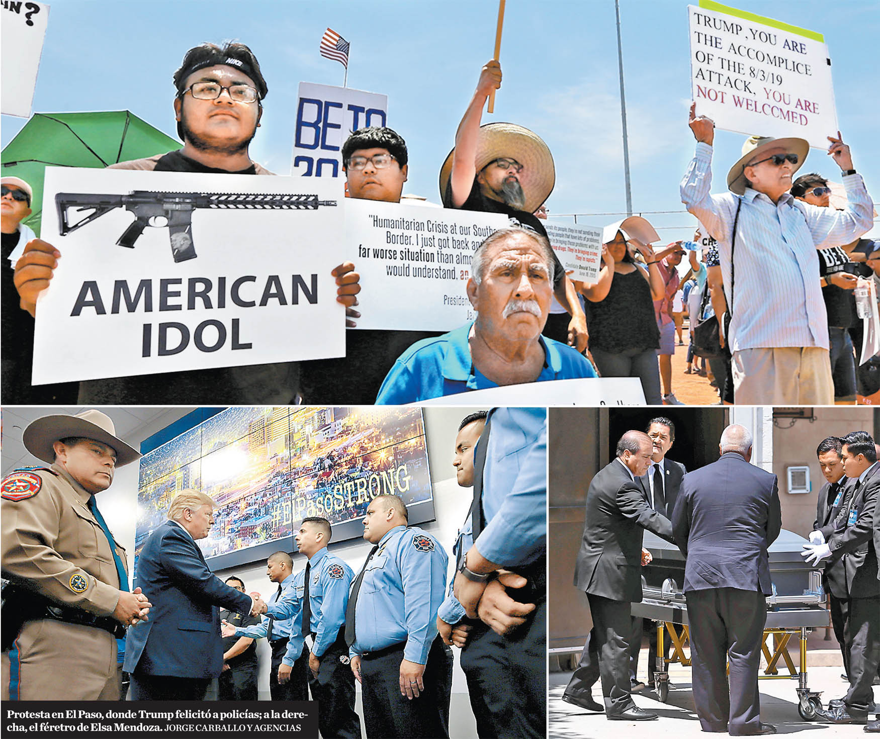 Protesta en El Paso, donde Trump felicitó a policías; a la derecha, el féretro de Elsa Mendoza. (Jorge Carballo y Agencias)