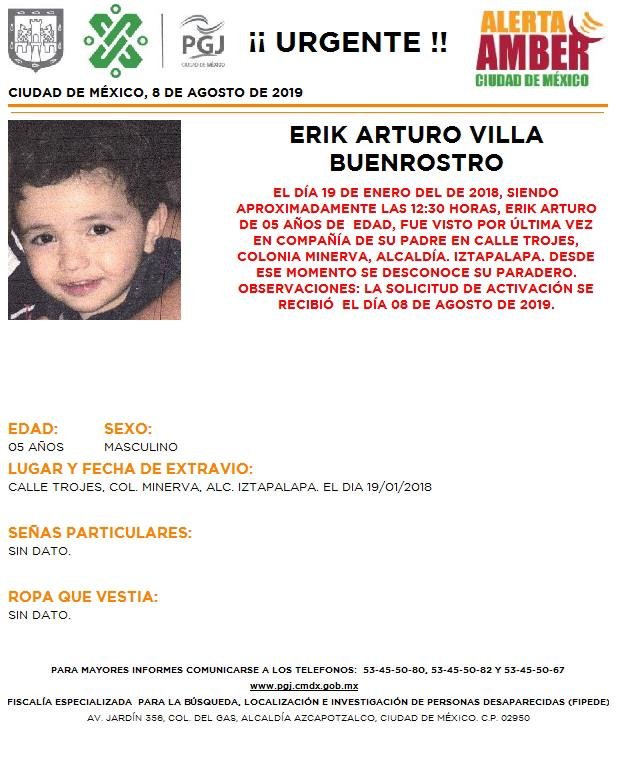 Activan Alerta Amber por la desaparición de un niño en Iztapalapa el 19 de enero 2018. (@PGJDF_CDMX)