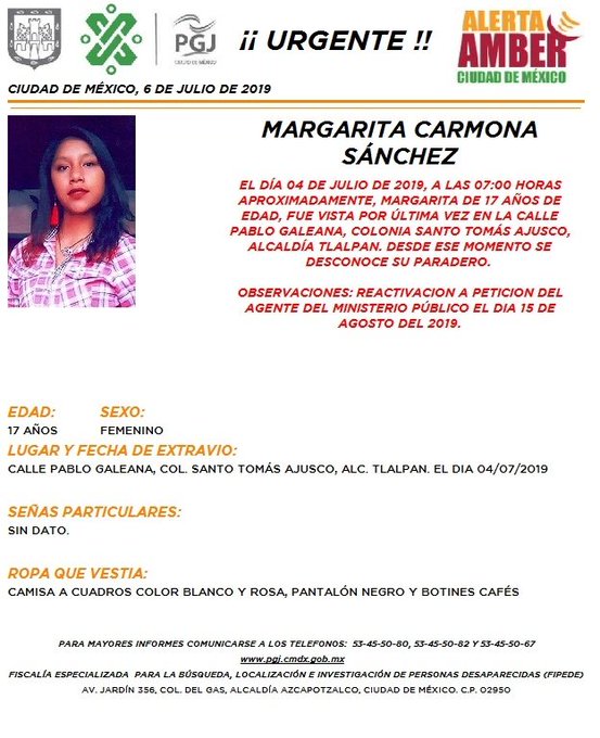 La joven fue vista por última vez en la alcaldía Tlalpan. (@PGJDF_CDMX)