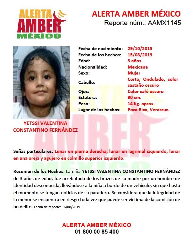 Yetssi Valentina fue arrebatada de los brazos de su madre en Poza Rica, Veracruz. (@AAMBER_mx)