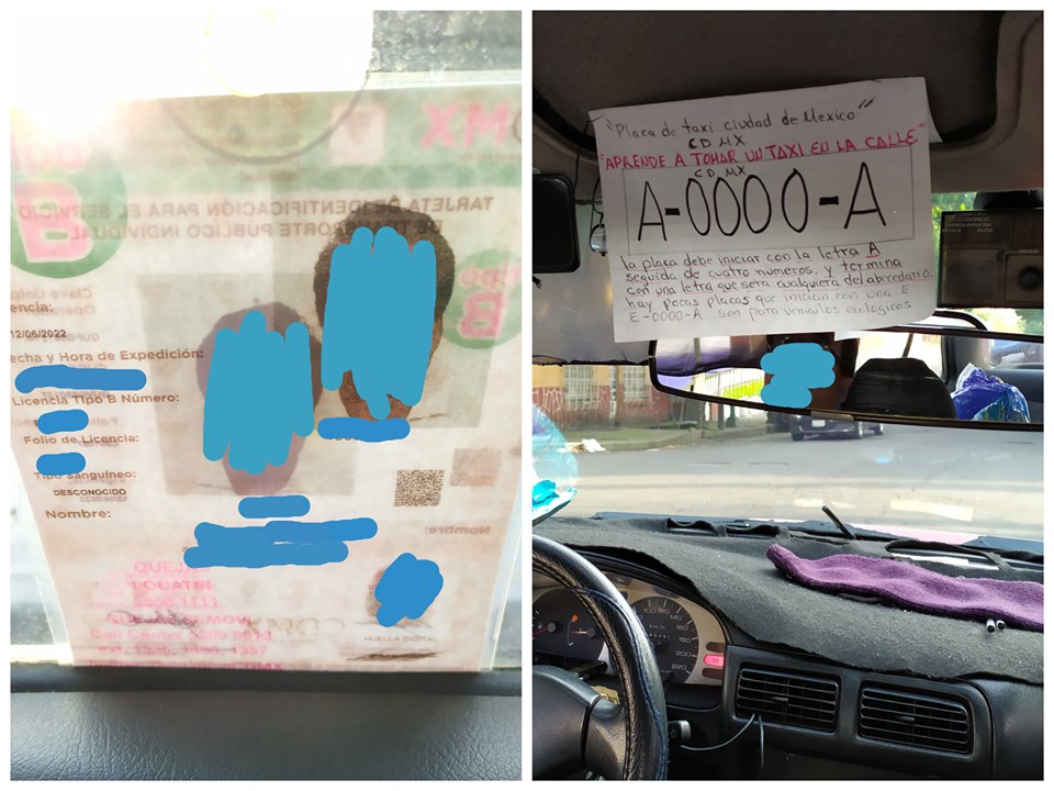 El taxista explica a sus pasajeros la forma de identificar un taxi legítimo. (Foto tomada del Fcaebook de Cindell Cerúlea)