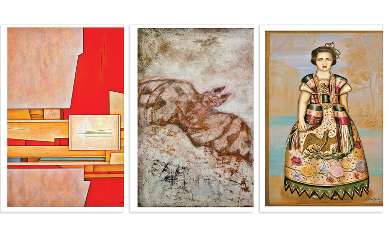 ‘Huitzo’, de Gunther Gerzso; ‘Murciélago’, de Francisco Toledo, y ‘Sofía vestida de china poblana’, de Julio Galán. (Centro Cultural Los Pinos)