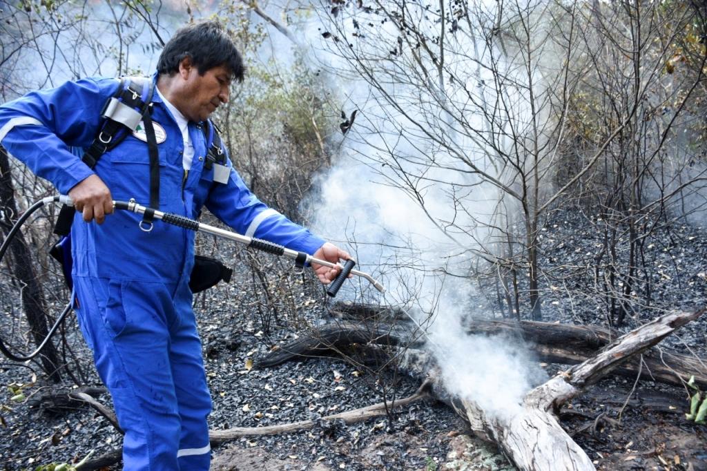 Vestido con un overol azul y con una mochila anti incendios, el presidente lanzó chorros de agua en algunos lugares donde brotaba el humo. AFP