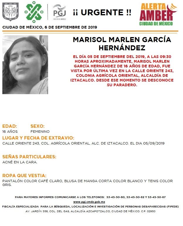 Marisol Marlén fue vista por última vez en la colonia Agrícola Oriental. (PGJDF_CDMX)