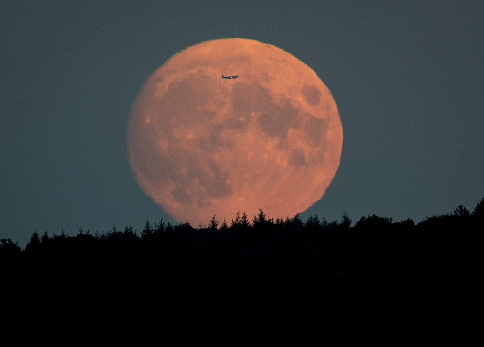 Alemania. Avión cruza la luna llena apareciendo durante el atardecer en Fráncfort. (AP)