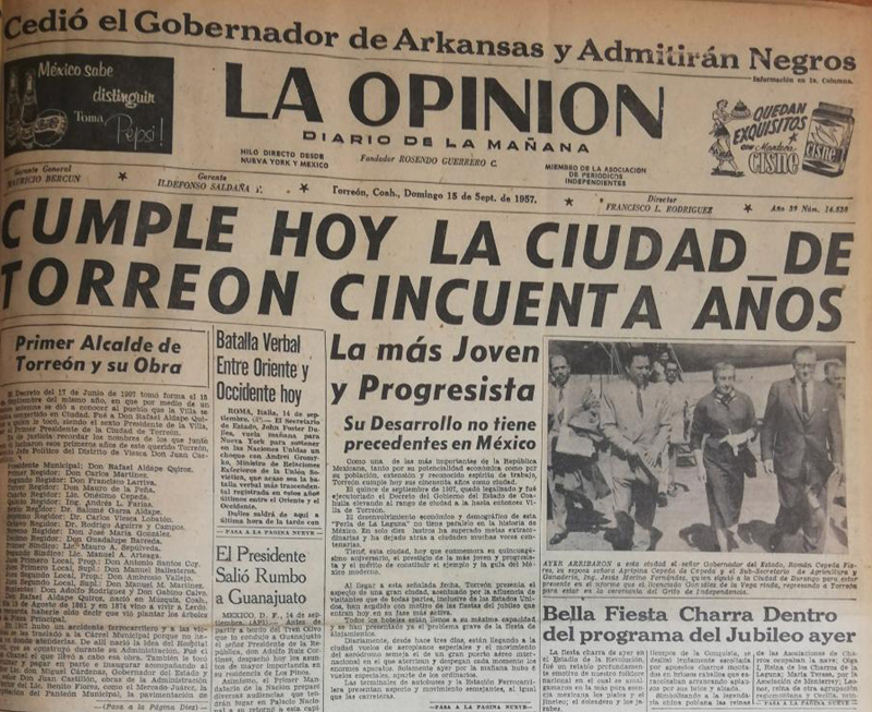 El domingo 15 de septiembre de 1957, Torreón, Coahuila, cumplía sus primeros 50 años. (Archivo)