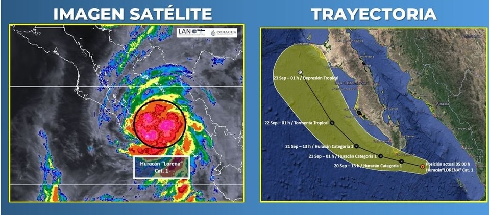 El Huracán "Lorena" ya es categoría 1, cerca de Cabo San Lucas y Mazatlán. /Twiiter @conagua_clima