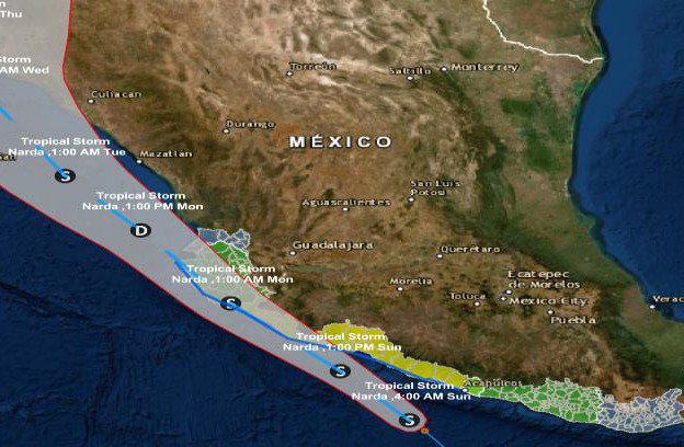 Trayectoria de la tormenta tropical 'Narda' (Tomada de Twitter @CNPC_MX).