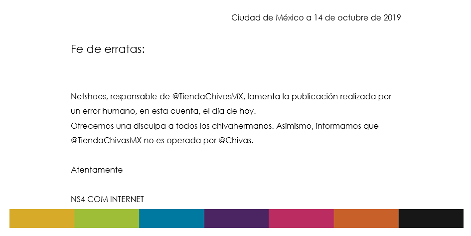 Disculpa de la tienda oficial de Chivas (Twitter: @TiendaChivasMX)