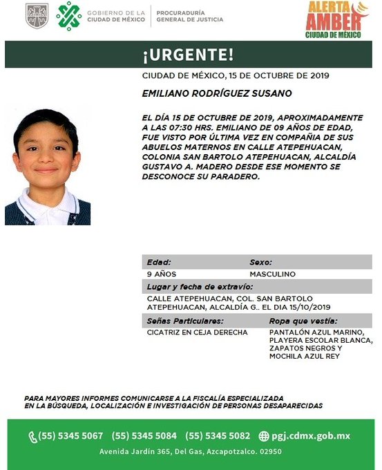 Emiliano fue visto por última vez en la alcaldía Gustavo A. Madero. (PGJDF_CDMX)