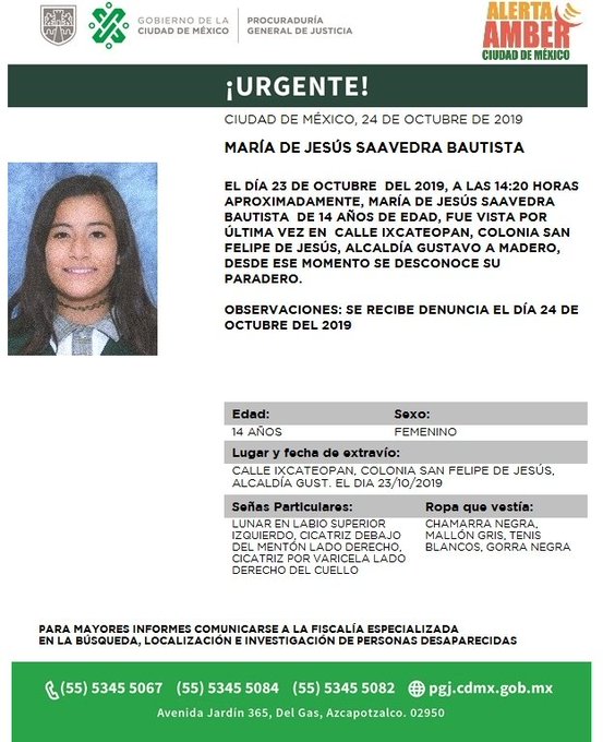 María de Jesús despareció alrededor de las 14:20 horas en la colonia San Felipe de Jesús. (PGJDF_CDMX)