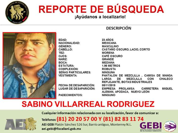 Sabino Villarreal Rodríguez, de 23 años, fue reportado como desaparecido al ver que no continuaba con su recorrido. (Foto: Especial)