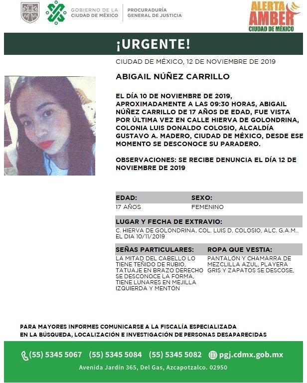 Al momento de su desaparición Abigail Núñez vestía un pantalón y chamarra de mezclilla azul y una playera gris. (@PGJDF_CDMX)