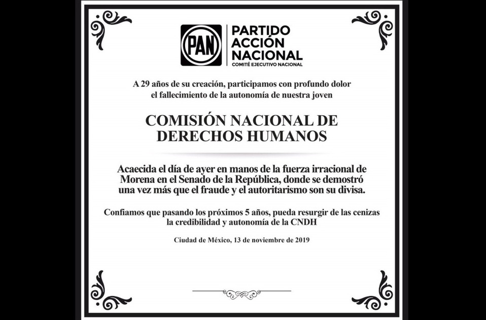 El PAN publicó un obituario sobre la elección del titular de la CNDH. | Twitter @MarkoCortes