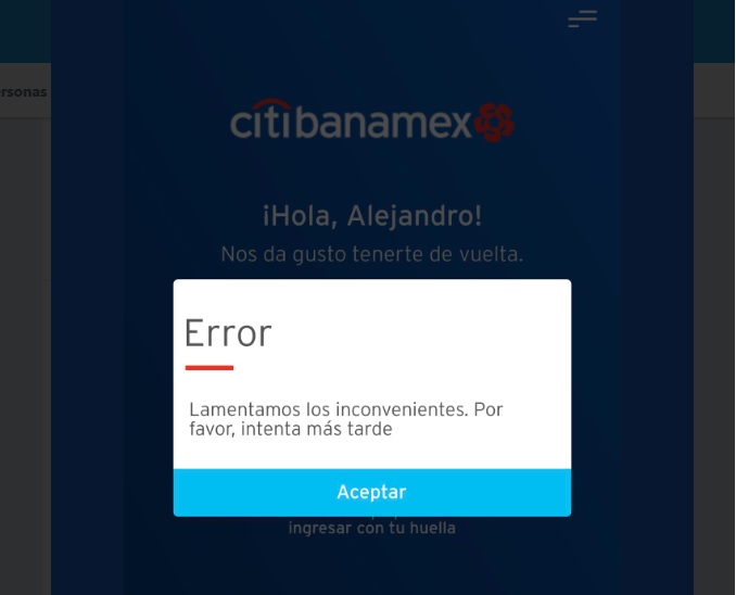 Citibanamex presenta fallas en su app (Captura de pantalla)