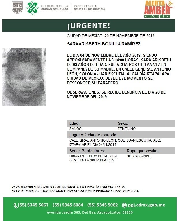 Como señas particulares Sara Arisbeth Bonilla Ramírez tiene un lunar en el dedo del pie y un quiste en la oreja derecha. (@PGJDF_CDMX)