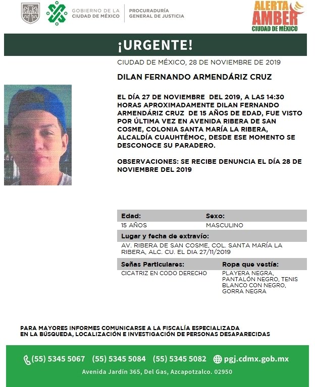 Al momento de su desaparición Dilan Armendáriz vestía una playera negra, un pantalón negro, tenis blancos con negro y una gorra negra. (@PGJDF_CDMX)