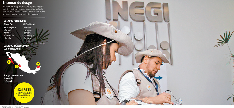 En zonas de riesgo. Personal del Inegi recorrerá dos millones de km2 del territorio nacional contando a los mexicanos. (Archivo | Gráfico: MILENIO)