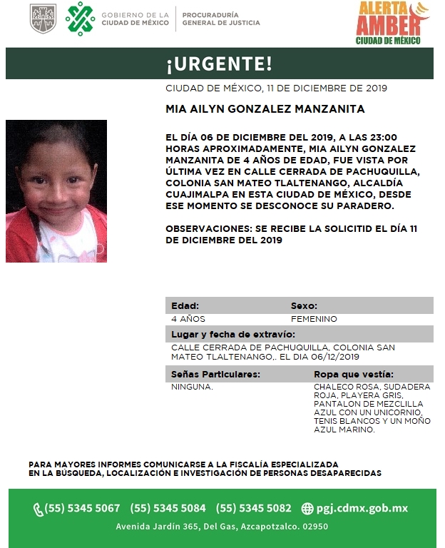 La Procuraduría capitalina informó que no se proporcionaron señas particulares que ayuden a la localización de la niña. (@PGJDF_CDMX)