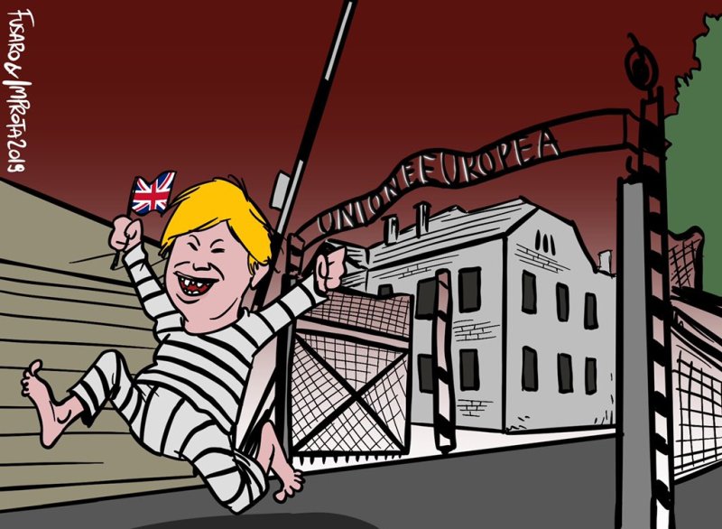 En la caricatura, Johnson agita una bandera británica al salir del campo de concentración. (Tomada de @marioimprota72)