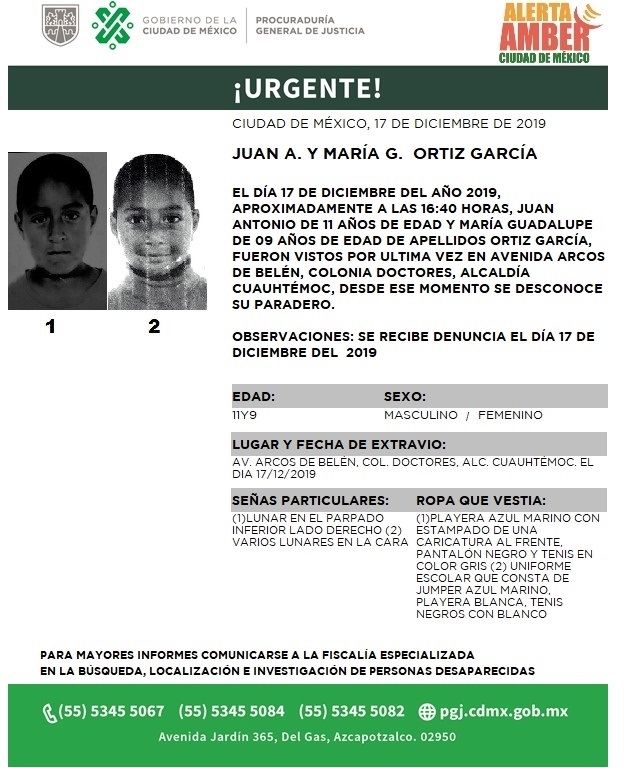 Los hermanos fueron vistos por última vez el 17 de diciembre en la avenida Arcos de Belén, colonia Doctores. (@PGJDF_CDMX)