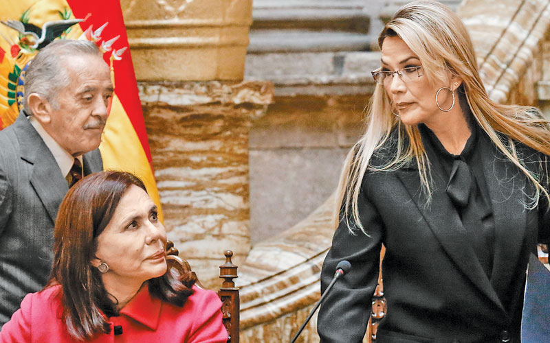 La presidenta interina, Jeanine Áñez, dio a conocer la declaratoria contra María Teresa Mercado en el Palacio de Gobierno de La Paz. (Reuters)