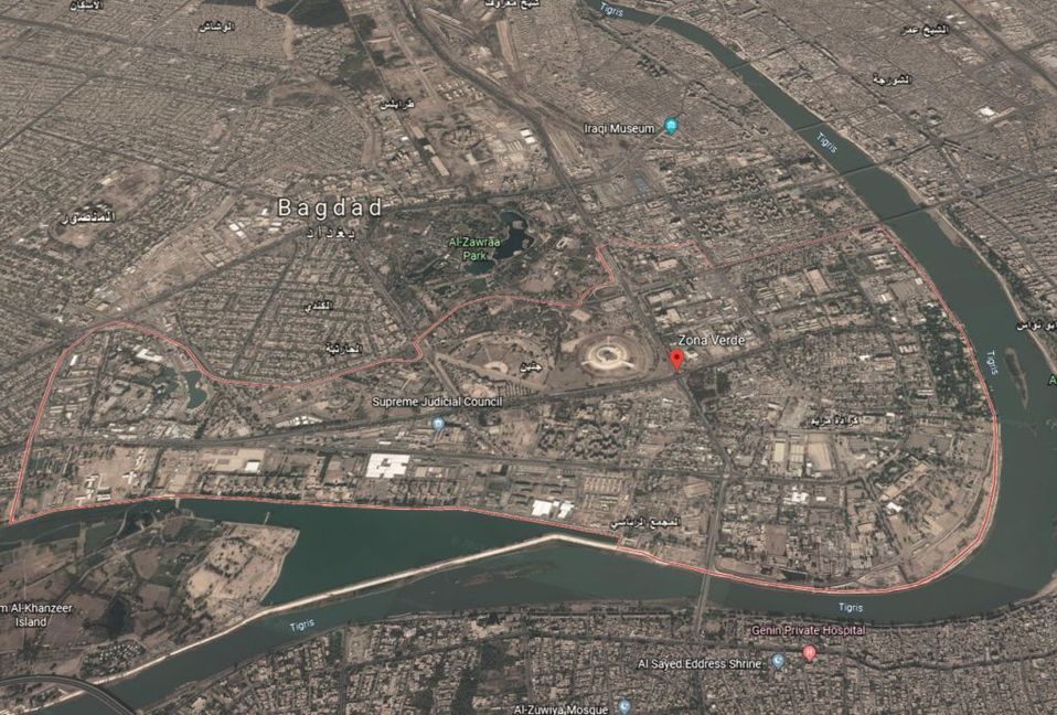 Los proyectiles cayeron en la Zona Verde de Bagdad. | Google Earth