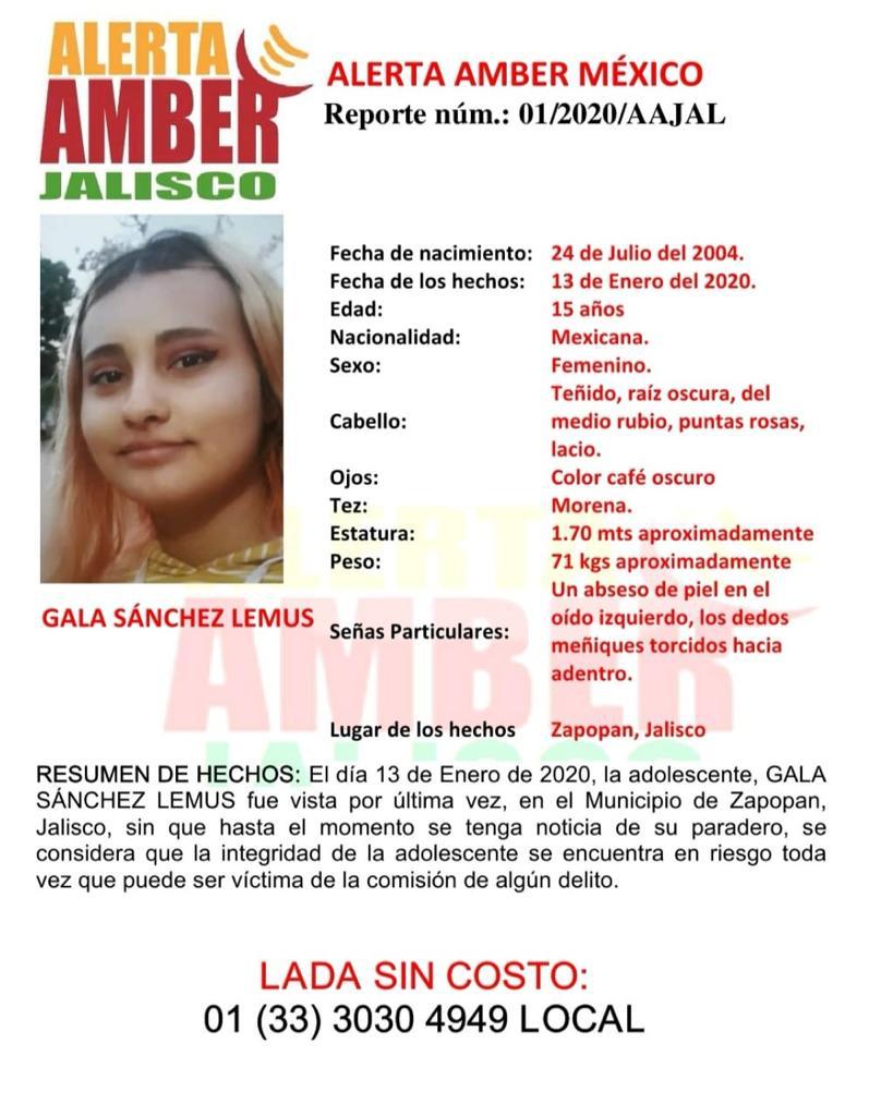 Se activó la Alerta Amber por Gala Sánchez Lemus,  una joven de 15 años quien se encuentra desaparecida desde el pasado 13 de enero