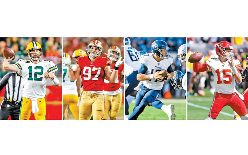 De izquierda a derecha: Aaron Rodgers, Nick Bosa, Ryan Tannehill y Patrick Mahomes, los protagonistas de esta tarde. (Óliver Tapia)