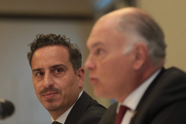 Moisés Kalach y Eugenio Salinas, durante la conferencia de prensa del CCE sobre la importancia del T-MEC. Foto: Jesús Quintanar
