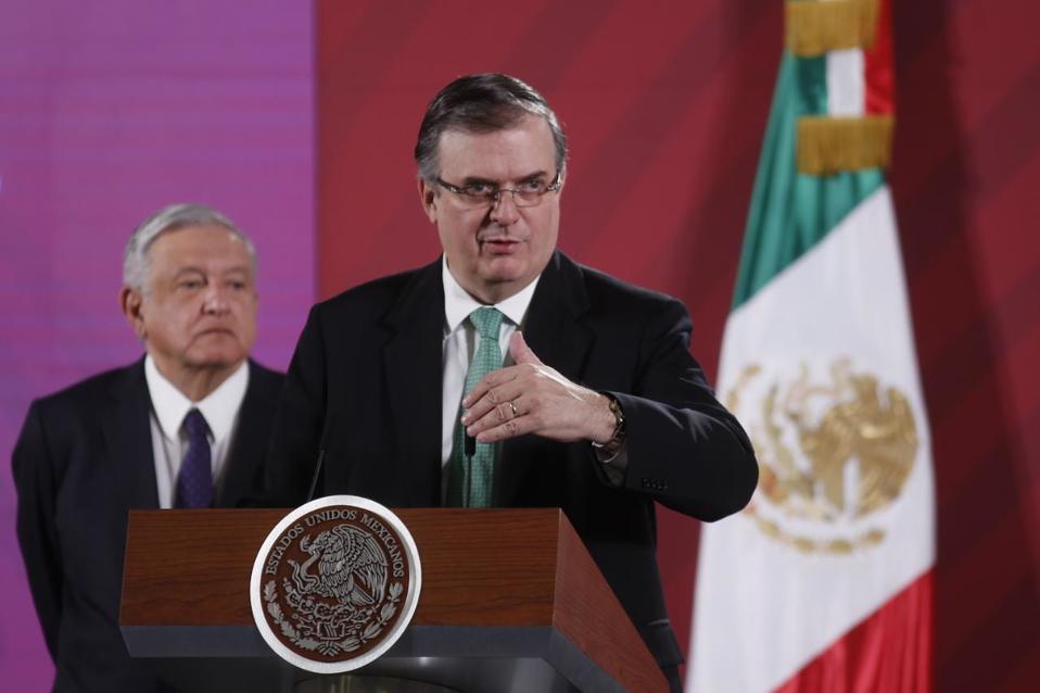 Marcelo Ebrard, secretario de Relaciones Exteriores, en la conferencia de hoy. (Araceli López)