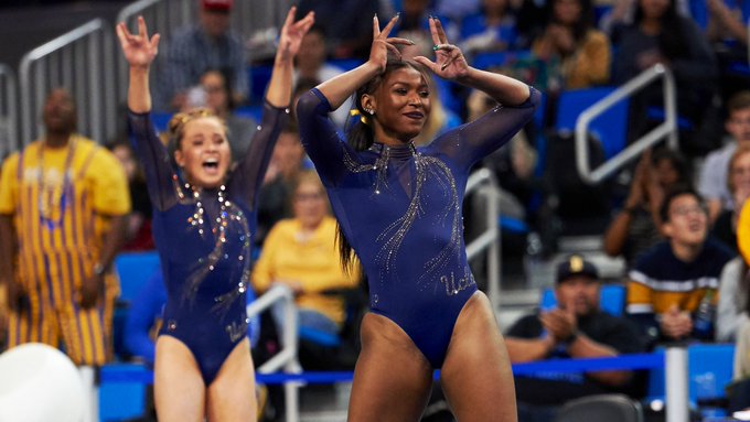 Nia Dennis y su sorprendente rutina de suelo en gimnasia a ritmo de Beyoncé (Twitter @uclagymnastics)