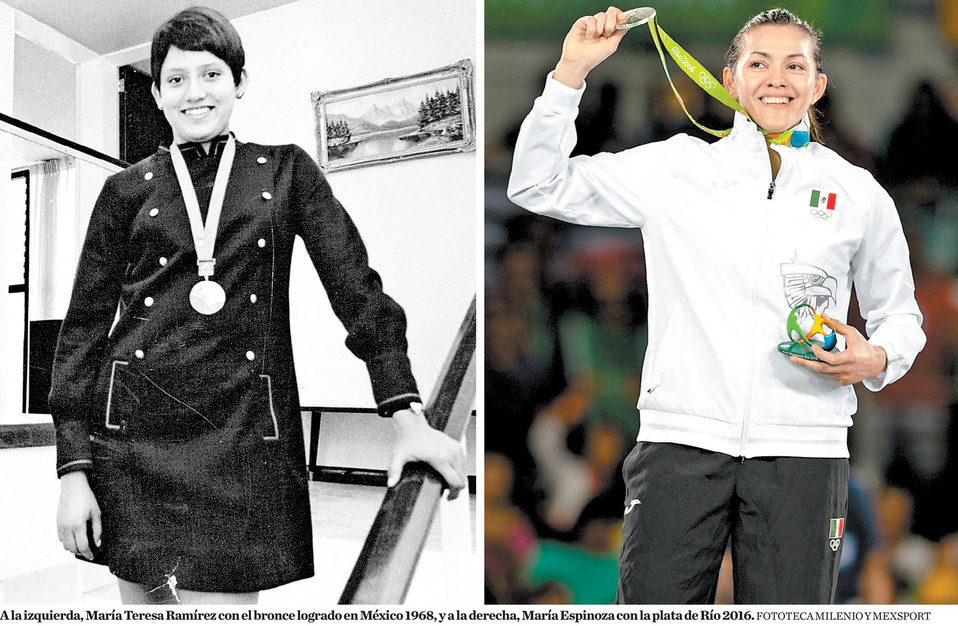 A la izquierda, María Teresa Ramírez con el bronce de México 1968, y a la derecha, María Espinoza con la plata de Río 2016. (MILENIO | Mexsport)