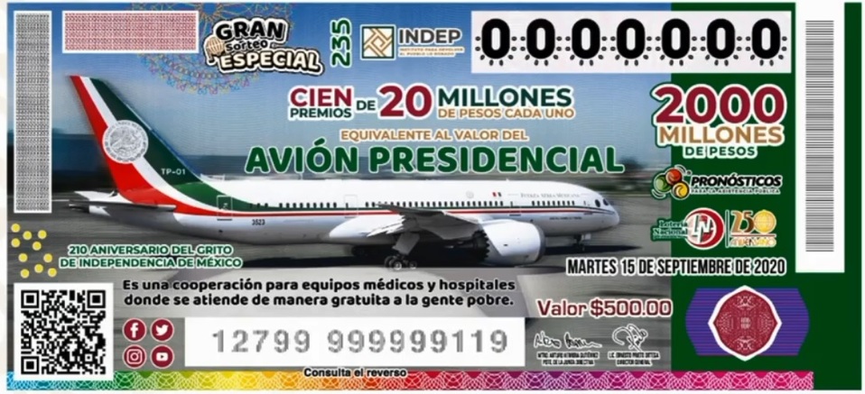Frente del boleto para el sorteo del avión presidencial. (Milenio)