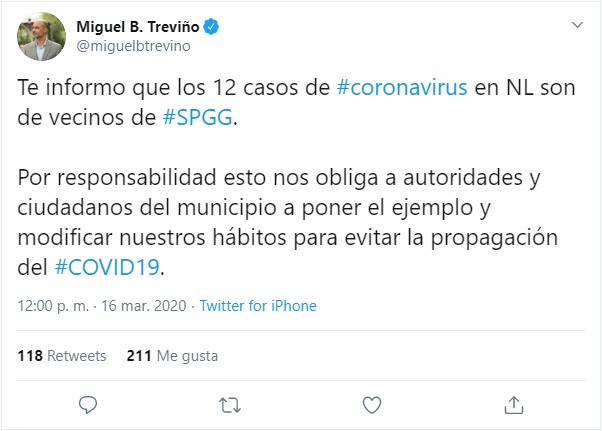 Miguel Treviño de Hoyos, alcalde de San Pedro, hizo el anuncio a través de Twitter. Foto: Especial.