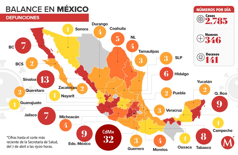 Mapa de los decesos en México por coronavirus al 7 de abril de 2020.