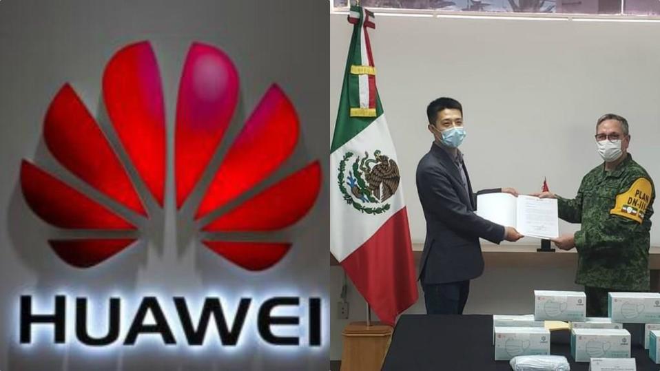 En evento privado, el director general de Huawei México, Liu, Jiude, entregó los 110 mil cubrebocas. (Twiiter | @monicaferbal)