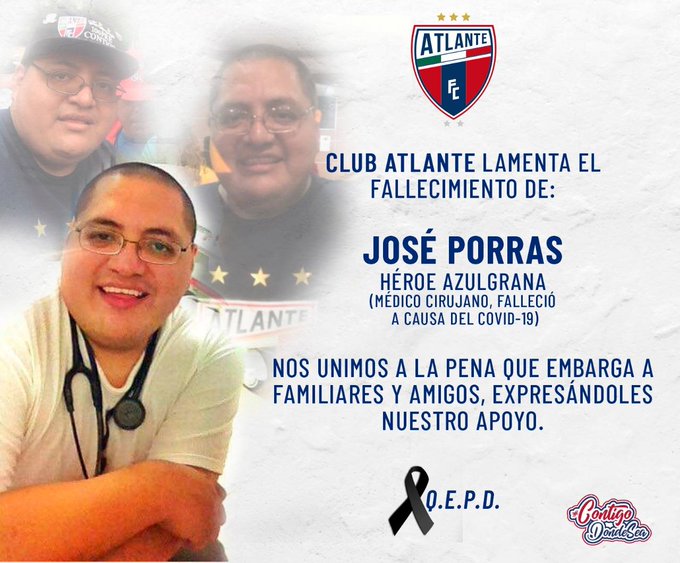 Muere médico aficionado del Atlante que luchó contra el covid-19 (Twitter @Atlante)