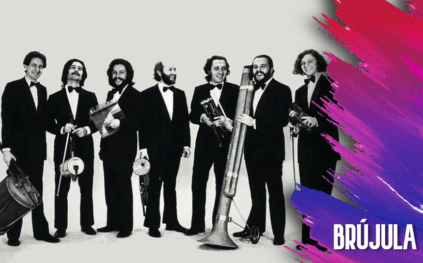 La alineación de Les Luthiers del 71 al 73, con Marcos Mundstock al centro (Foto: Archivo Atlántida)