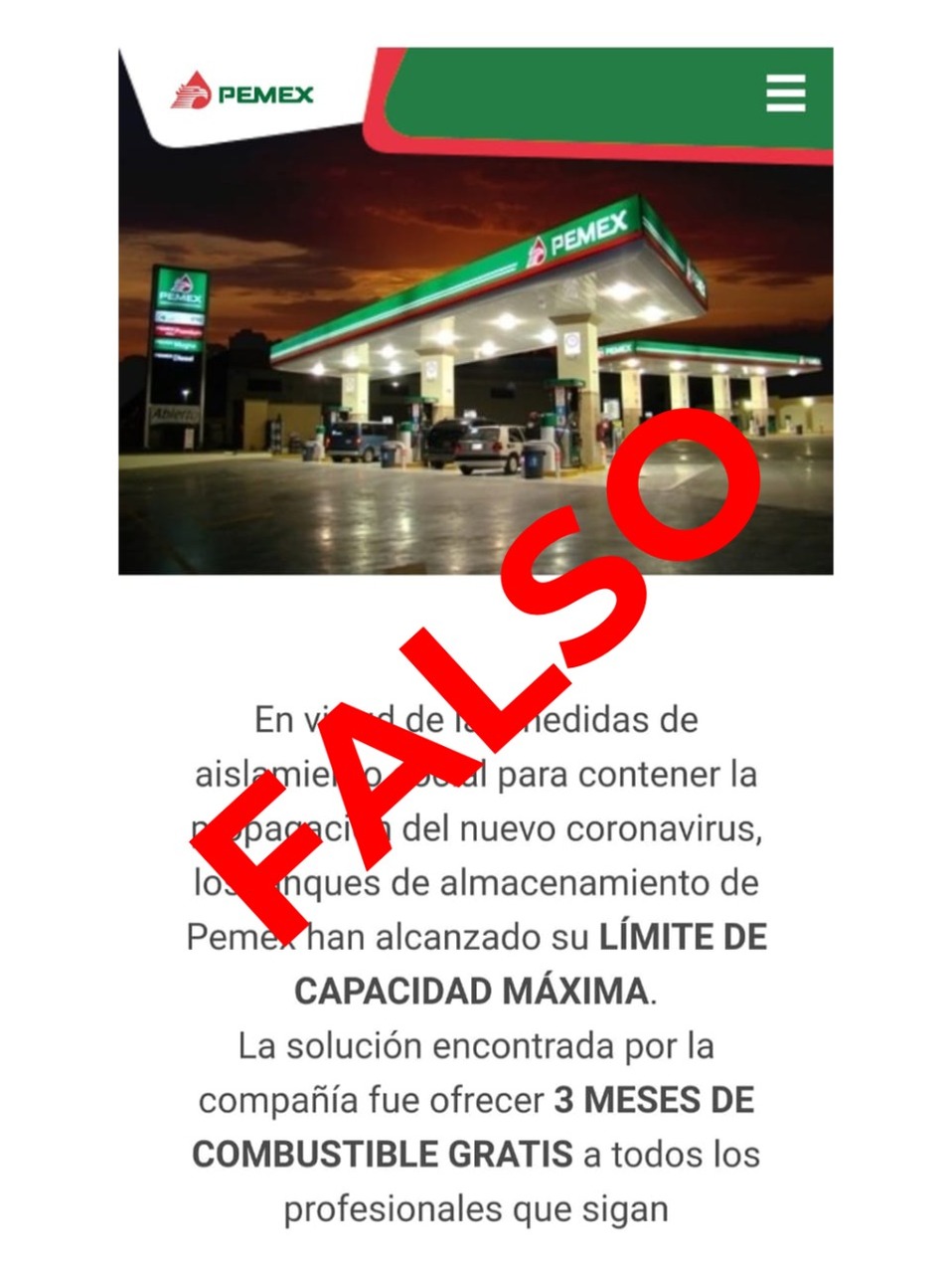 Mensaje apócrifo en el que se piden depósitos por covid-19 a cambio de combustible. (Especial)